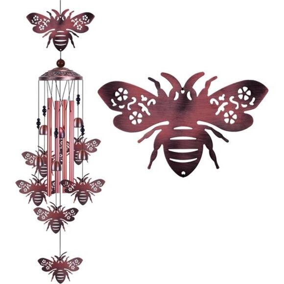 Outdoor Bee Wind Chimes Gifts for Mom - with 4 Tubes 6 Bells 7 Bees Wind Bells